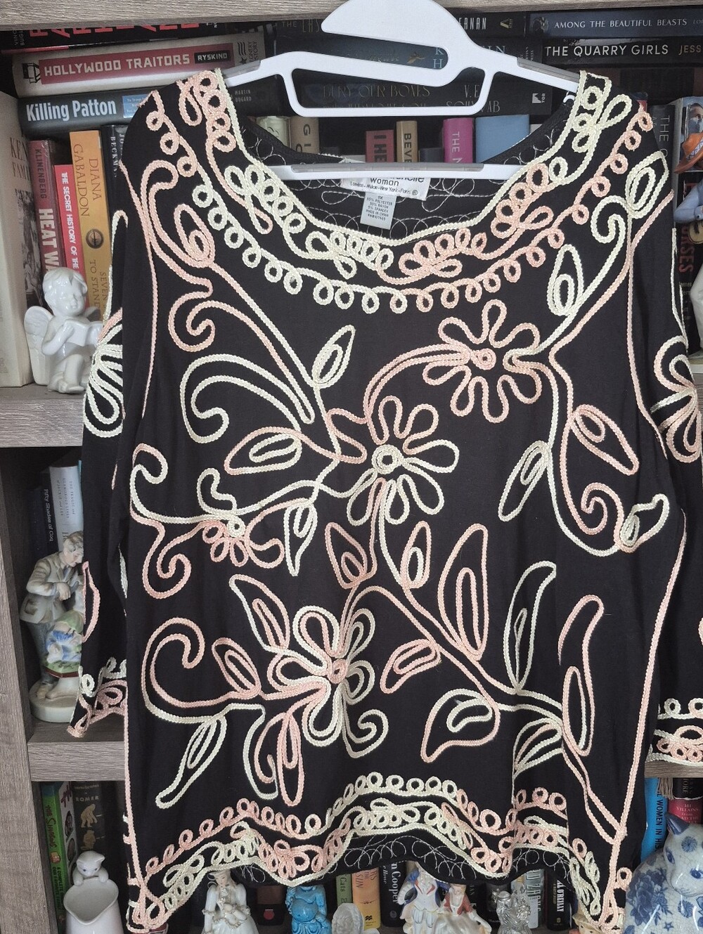 Vintage Lauren Michelle Black Tunic with Peach & Cream Embroidered Swirls